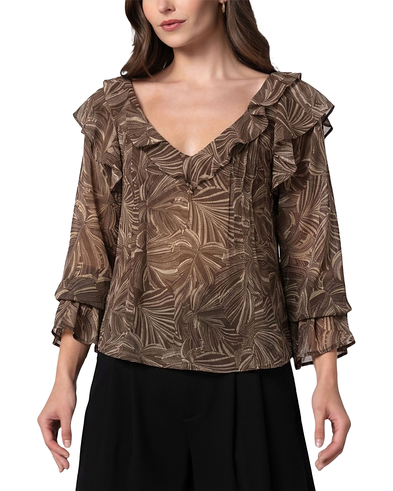 Liverpool Los Angeles Double Ruffle V Neck Blouse In Dark Espresso Tan Leaves