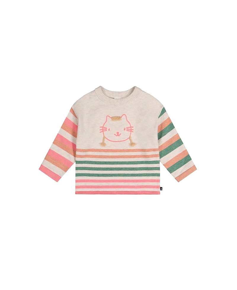Deux par Deux Girls' Knitted Stripe Sleeve Cat Applique Sweater - Baby