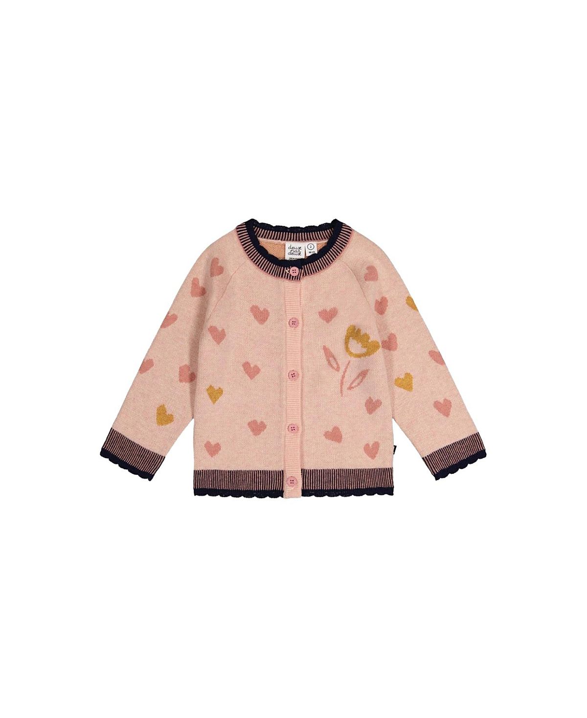 Deux par Deux Girls' Knitted Jacquard Heart Pattern Scalloped Trim Cardigan - Baby