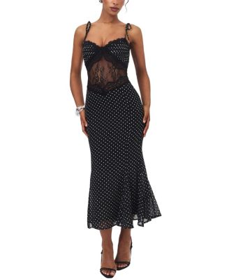  Zehra Polka Dot Chiffon Lace Cutout Mermaid Midi Dress