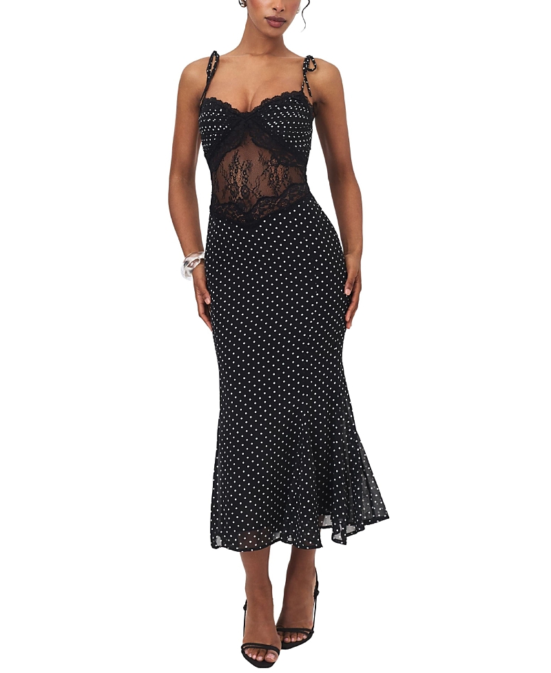 Miss Circle Zehra Polka Dot Chiffon Lace Cutout Mermaid Midi Dress