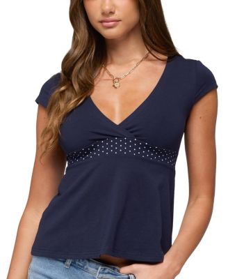 Edikted Indygo Polka Dot V Neck Top