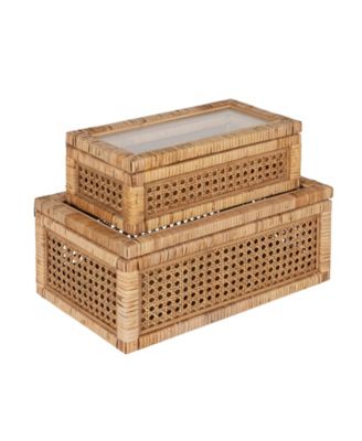  Woven Rattan and Wood Display Boxes with Glass Lids, Set of 2