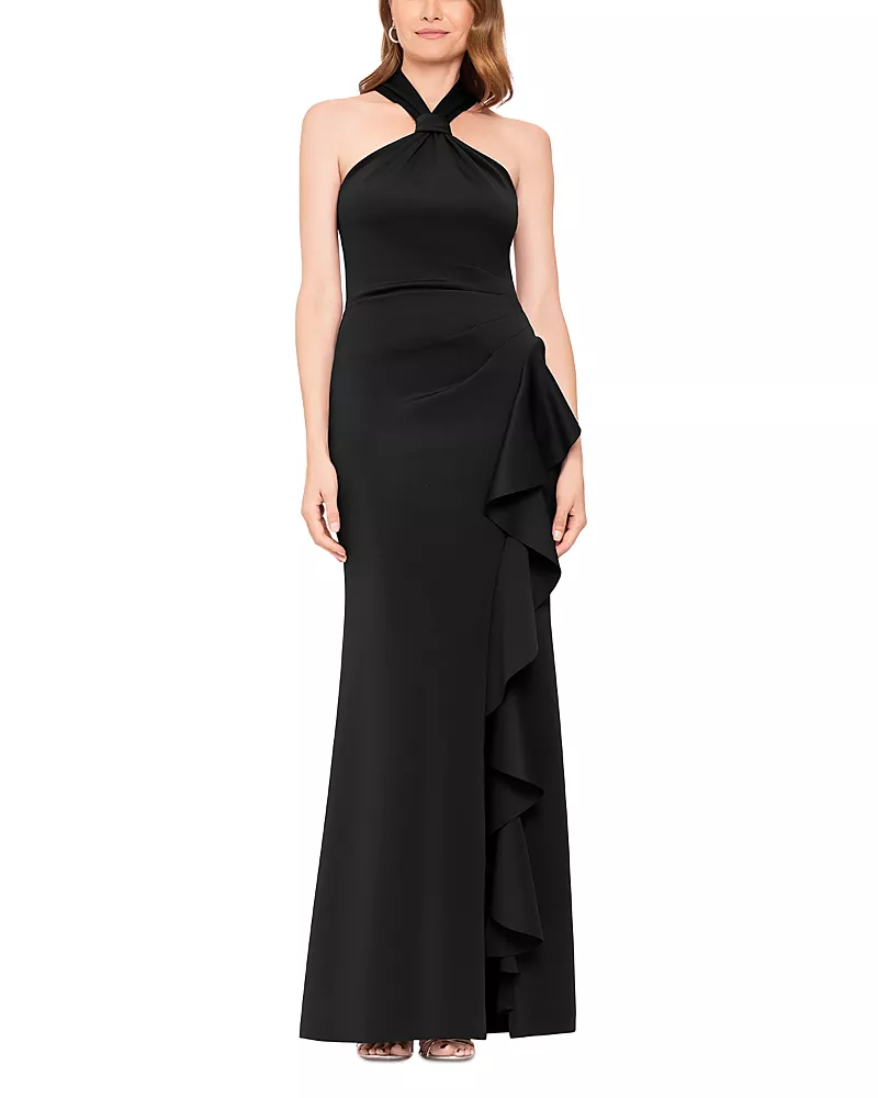 Aqua Knot Neck Pleated Waist Gown - Exclusive