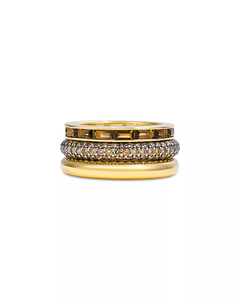By Pariah 14K White & Yellow Gold Smoky Quartz & Champagne Diamond Stack Rings, Set of 3