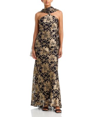 Floral Print Satin Scarf Neck Gown - Exclusive