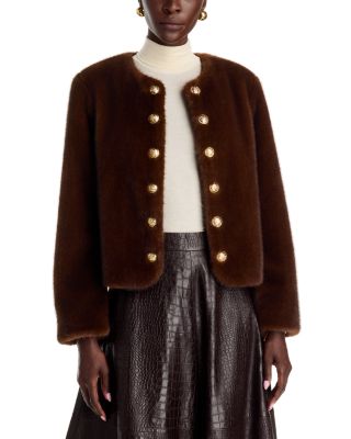 Faux Fur Collarless Gold Tone Button Jacket