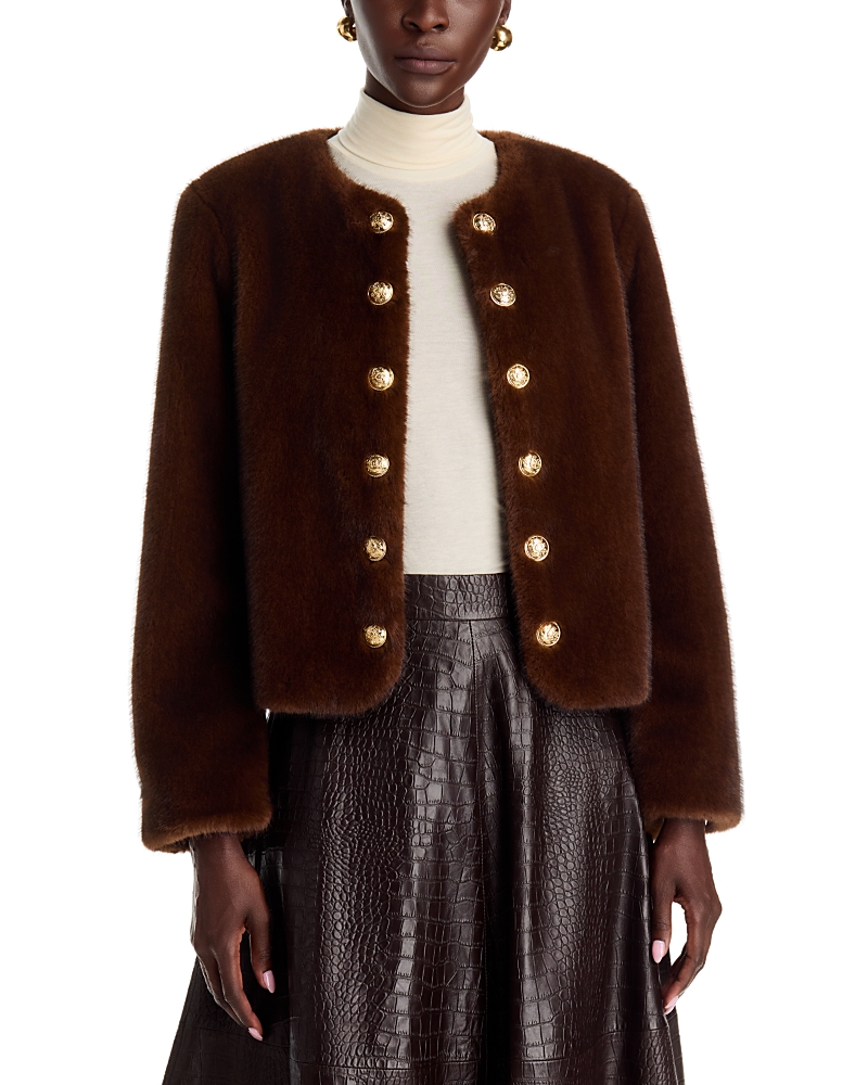 Dolce Cabo Faux Fur Collarless Gold Tone Button Jacket In Brown