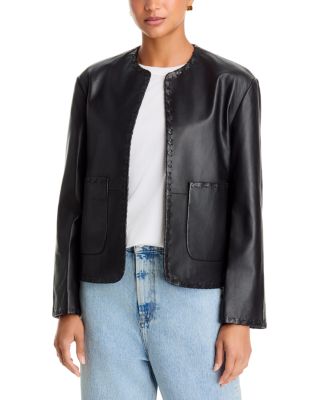 Leather Blanket Stitch Collarless Jacket