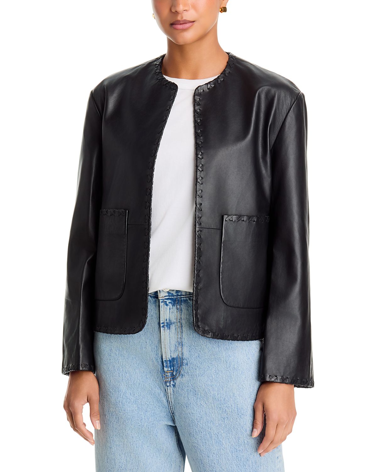ROHE Leather Blanket Stitch Collarless Jacket
