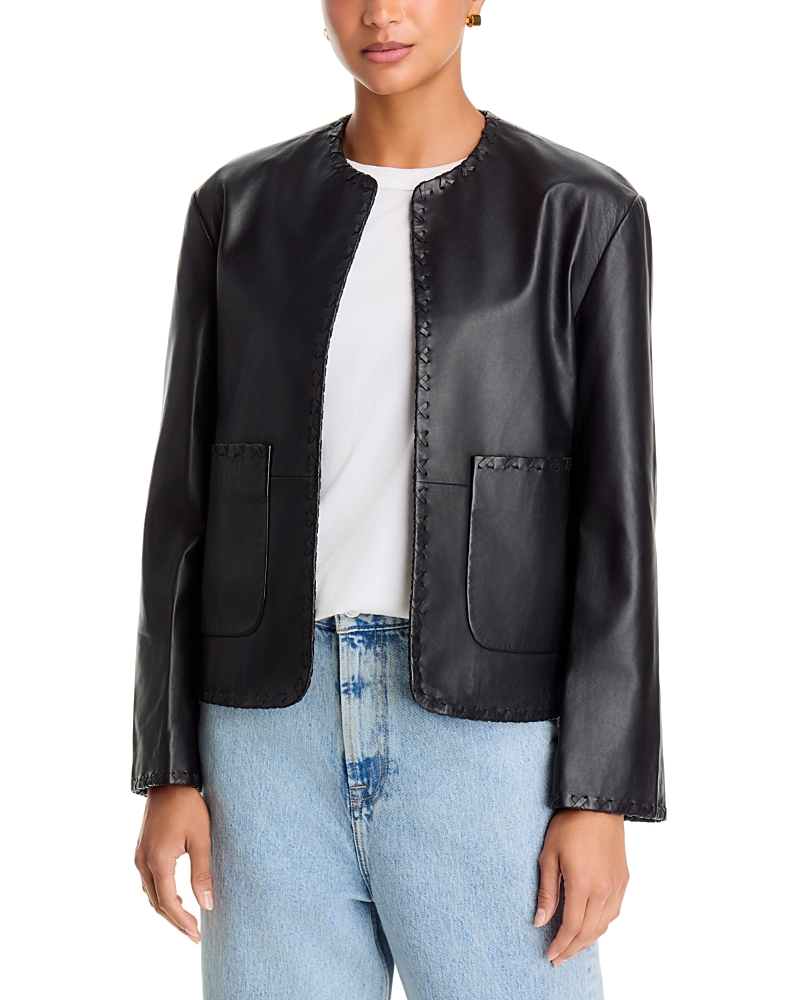 ROHE Leather Blanket Stitch Collarless Jacket