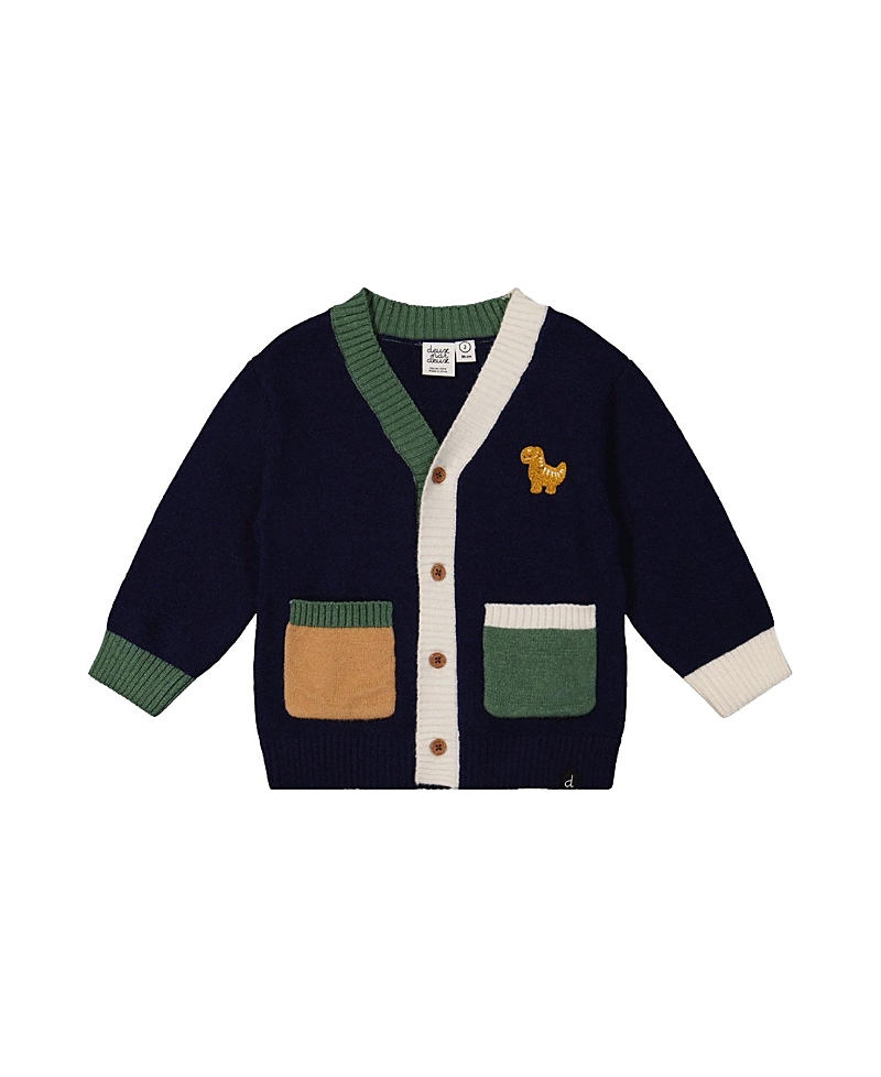 Deux par Deux Boys' Dino Embroidered Colorblock Pocket Knit Cardigan - Baby