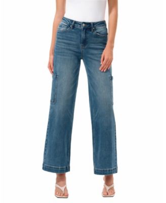  High Rise Wide Leg Denim Jeans with Side Patch Pockets in Medium Blue