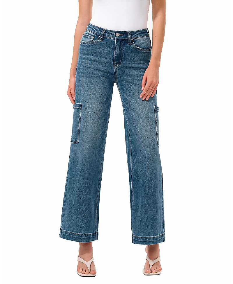 Bayeas High Rise Wide Leg Denim Jeans with Side Patch Pockets in Medium Blue