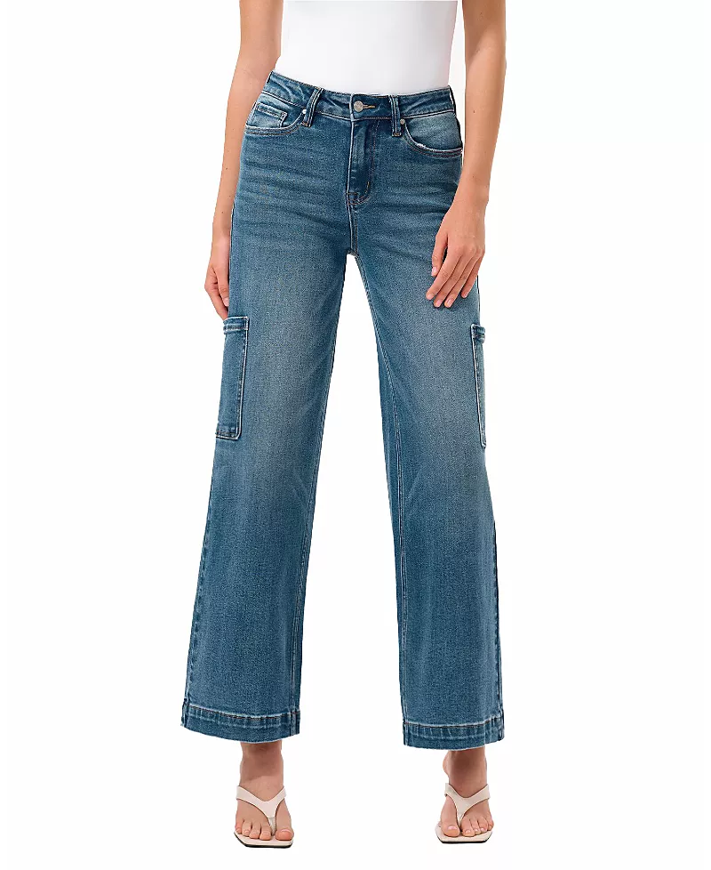 Bayeas High Rise Wide Leg Denim Jeans with Side Patch Pockets in Medium Blue