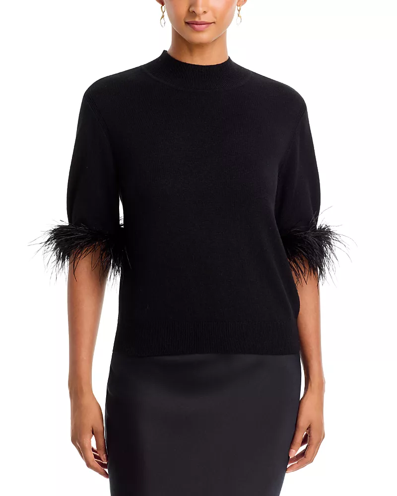 Milly Feather Trim Short Sleeve Sweater