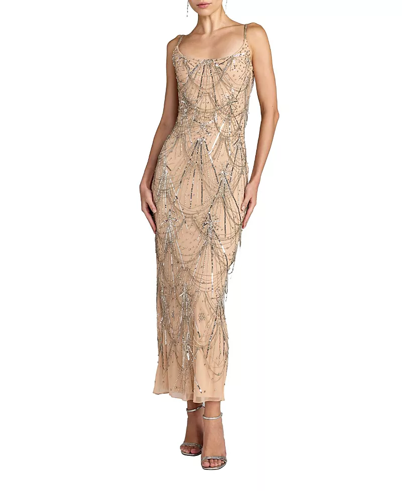 Mac Duggal Beaded Fringe Scoop Neck Ankle Dress