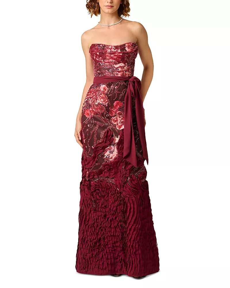 Aidan Mattox Beaded Tie Waist Strapless Gown