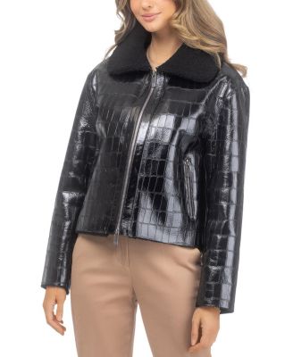  Shearling Lamb Croco Embossed Zip Jacket