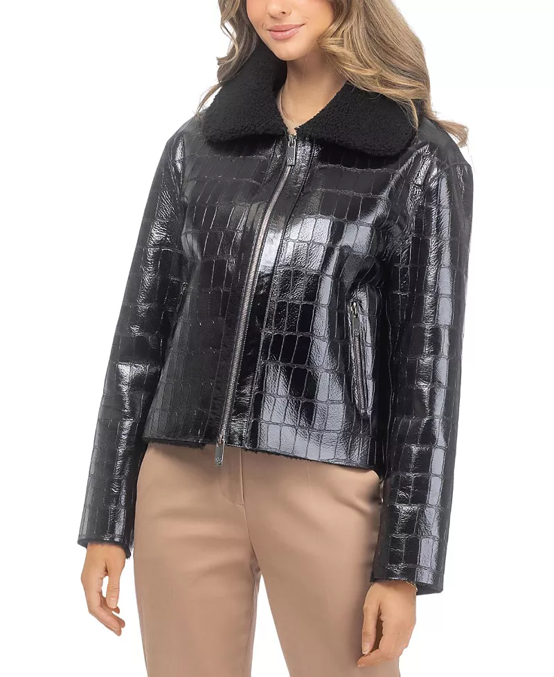 Gorski Shearling Lamb Croco Embossed Zip Jacket