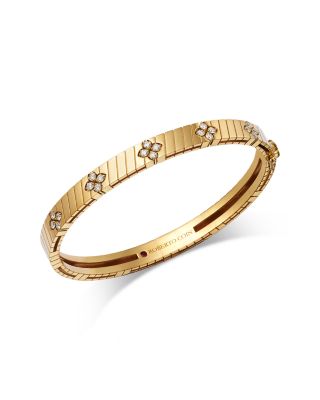 18K Yellow Gold Love in Verona Diamond Flower Ridged Bangle Bracelet, 0.43 tcw