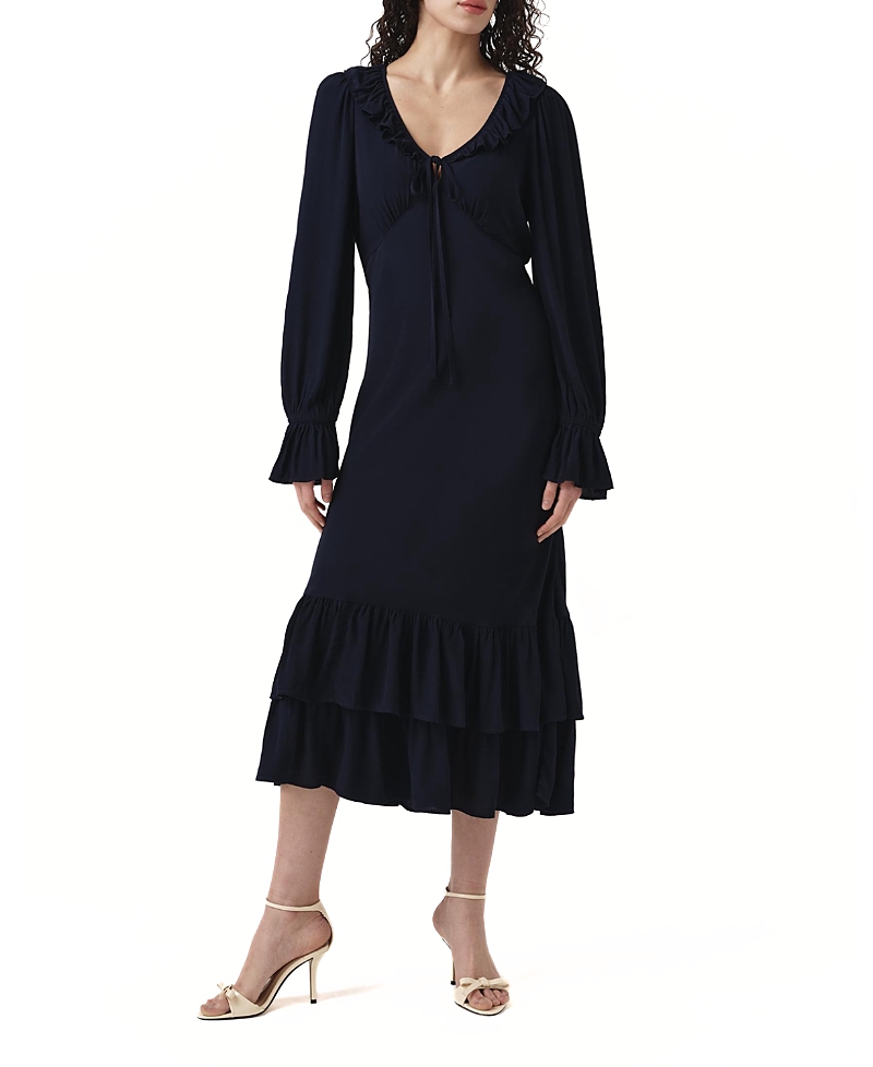 Ghost London Melina Crepe Ruffle Hem Midi Dress