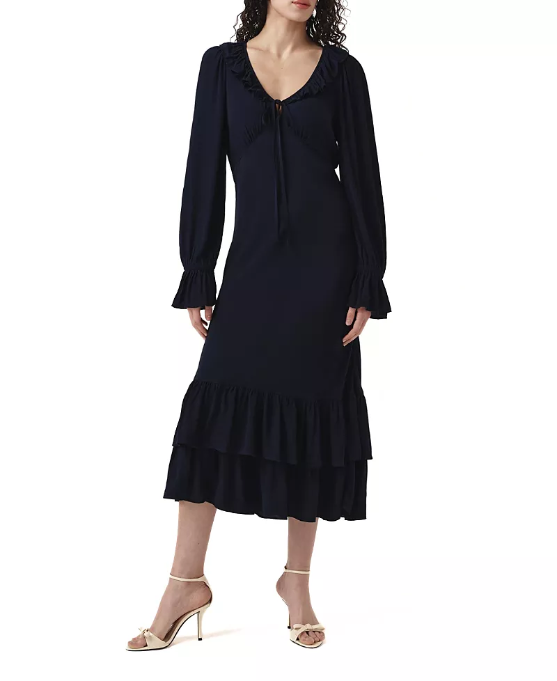 Ghost London Melina Crepe Ruffle Hem Midi Dress