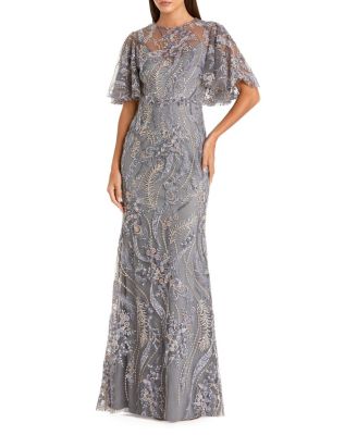  High Neck Flutter Sleeve Floral Embroidered Gown