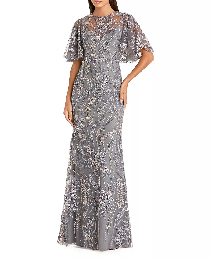 Mac Duggal High Neck Flutter Sleeve Floral Embroidered Gown