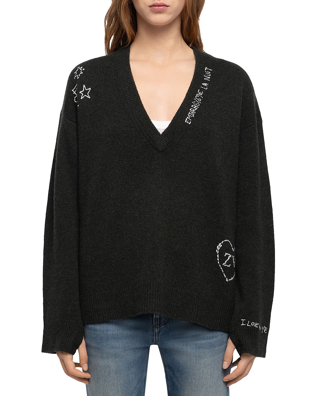 Zadig & Voltaire Mikyz Cashmere Embroidered V Neck Sweater