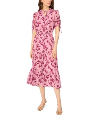 Split Neck Drawstring Sleeve Midi Dress
