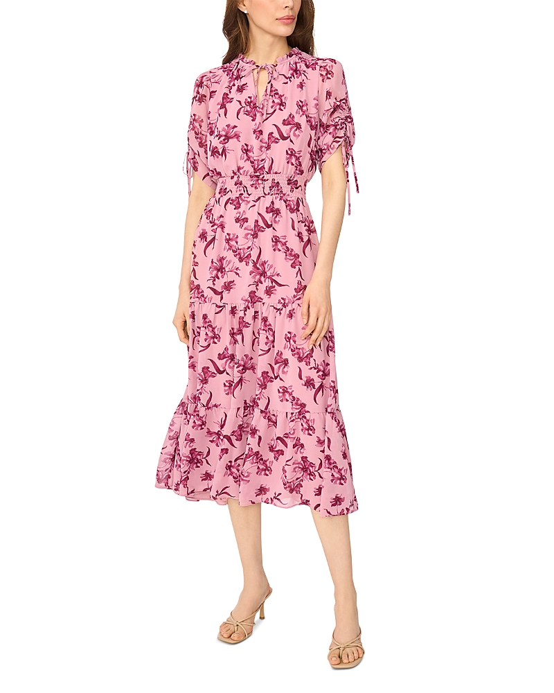 CeCe Split Neck Drawstring Sleeve Midi Dress