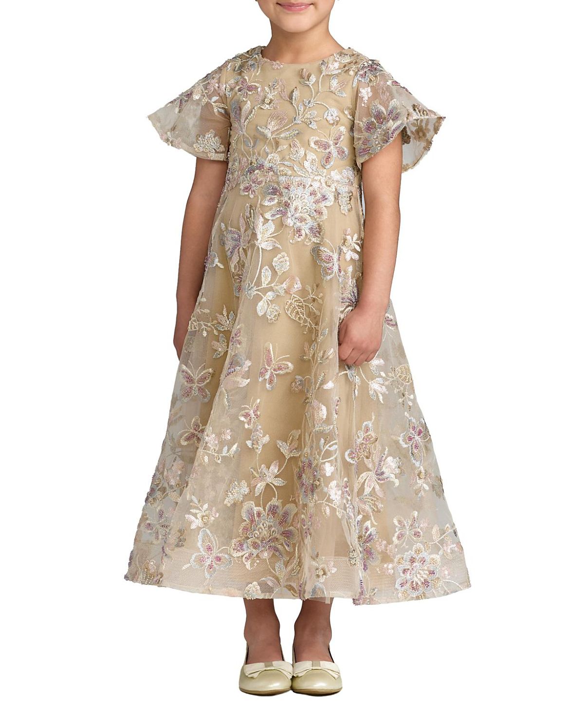 Mac Duggal Girls Floral Embroidered Mesh Flutter Sleeve Dress - Little Kid, Big Kid