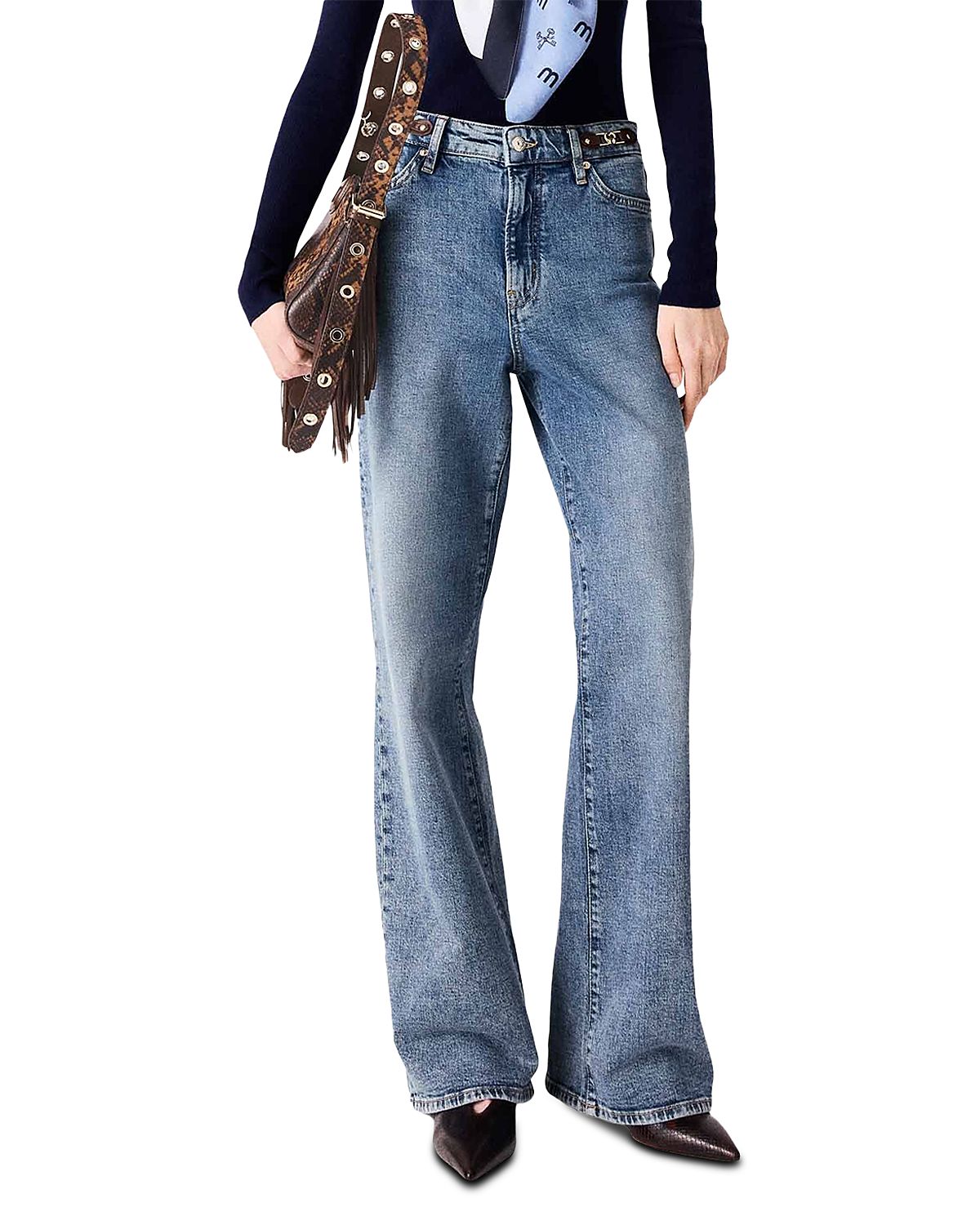 Maje Buckle Tab High Rise Wide Leg Jeans