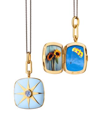18K Yellow Gold Vermeil over Sterling Silver & Black Steel Locket x Color Blue Sapphire & Blue Enamel Cushion Pendant Necklace, 16-17"