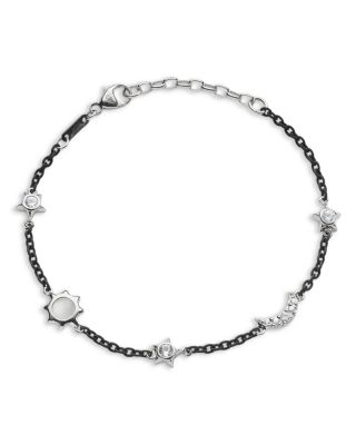 Sterling Silver & Black Steel White Sapphire & Moonstone Bracelet