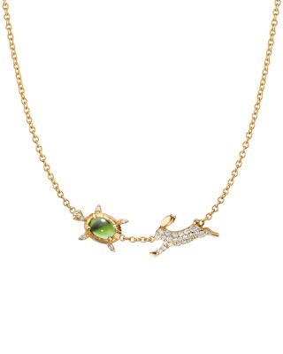 18K Yellow Gold Diamond & Green Tourmaline Tortoise & The Hare Necklace, 15-17"