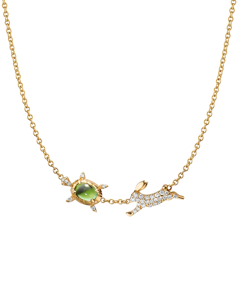Monica Rich Kosann 18K Yellow Gold Diamond & Green Tourmaline Tortoise & The Hare Necklace, 15-17 · OS