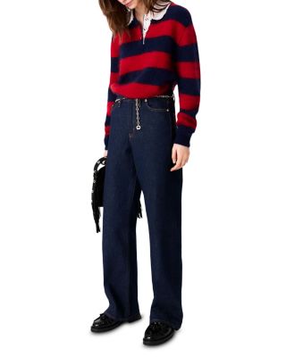 Chain Link Belt High Rise Wide Leg Jeans in Navy