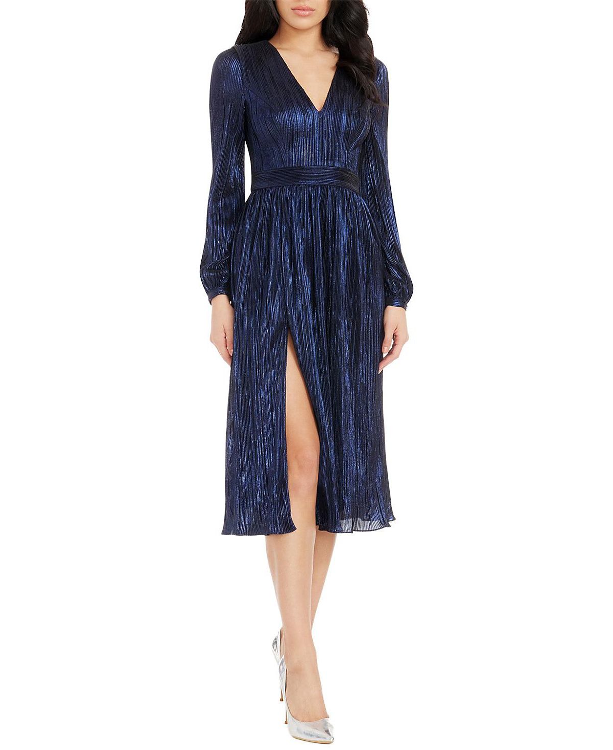 Dress the Population Holly Long Sleeve V-Neck Metallic Pleated Midi Dress