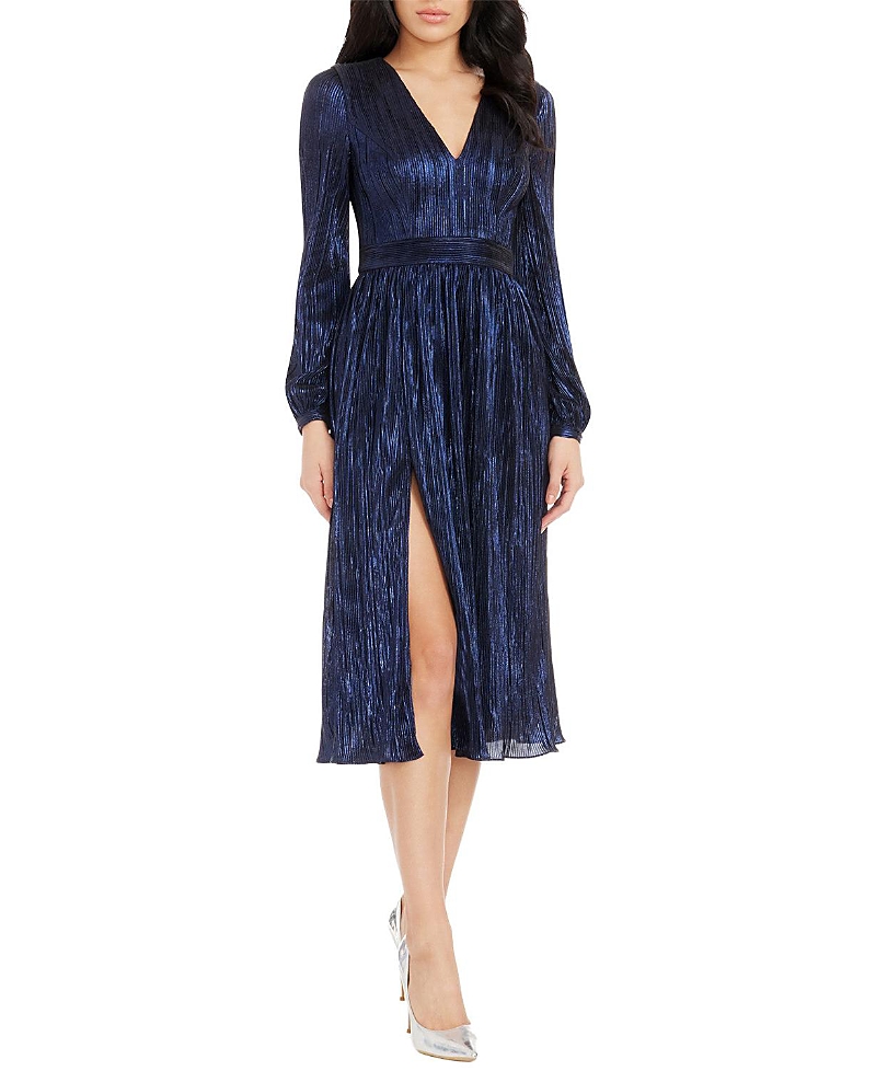 Dress The Population Holly Long Sleeve V-Neck Metallic Pleated Midi Dress