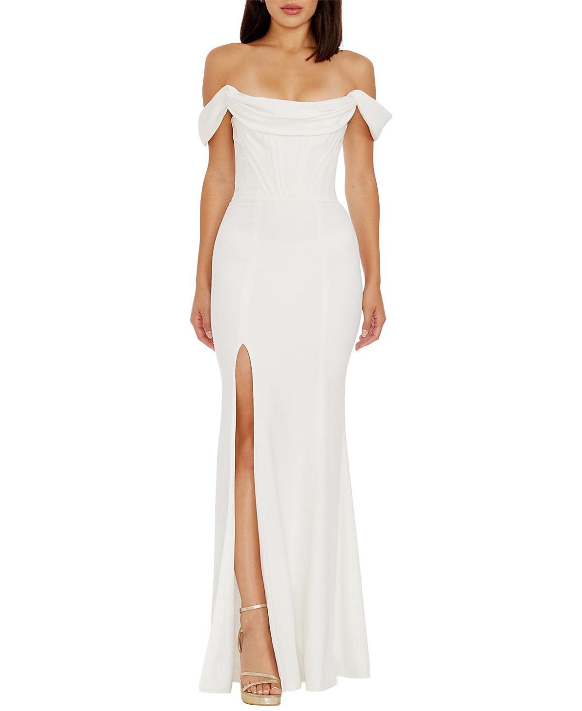 Dress the Population Melania Off-the-Shoulder Draped Bustier Gown