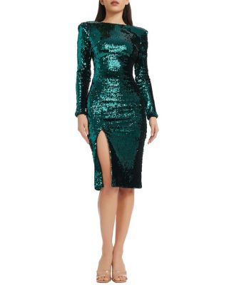  Natalie Long Sleeve Sequin High Slit Midi Dress