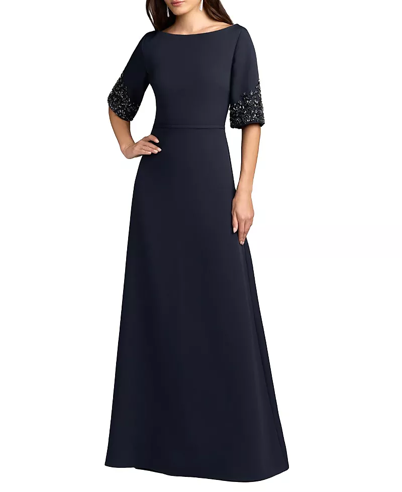 Mac Duggal A-Line Crepe Gown With Beaded Sleeves