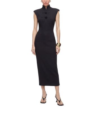  Padded Shoulder Button Detail Maxi Dress