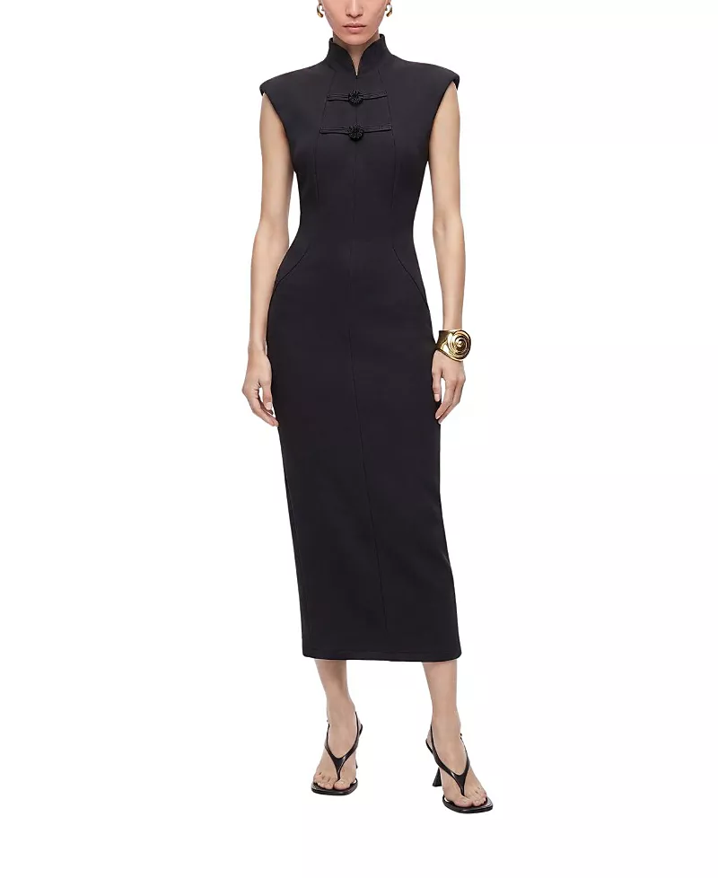 Nocturne Padded Shoulder Button Detail Maxi Dress