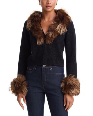 Della Faux Fur Trim Wool V Neck Cardigan