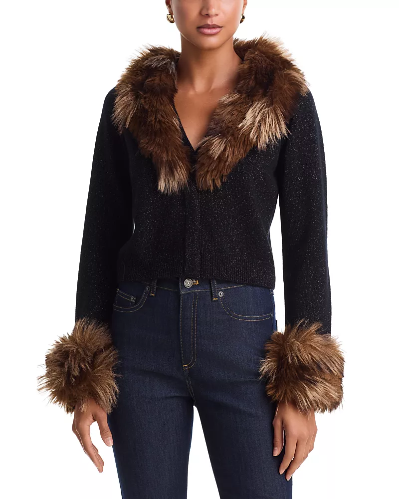 Cinq a Sept Della Faux Fur Trim Wool V Neck Cardigan