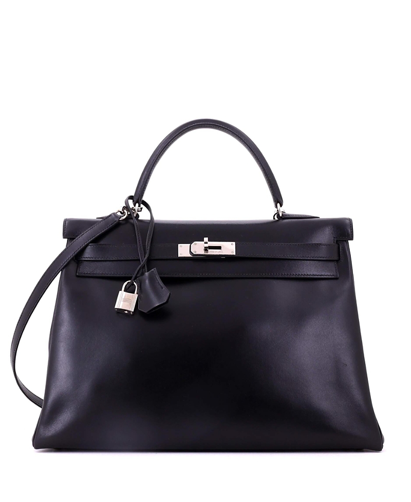 Pre-Owned HERMES Kelly 35 Box Calf Leather Palladium Hardware Handbag