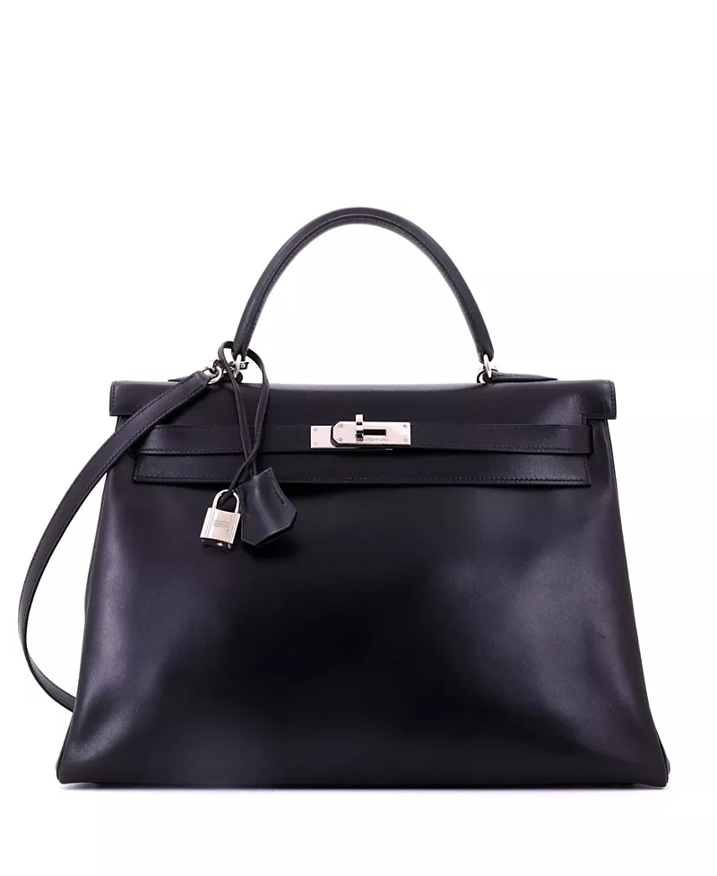 Pre-Owned HERMES Kelly 35 Box Calf Leather Palladium Hardware Handbag